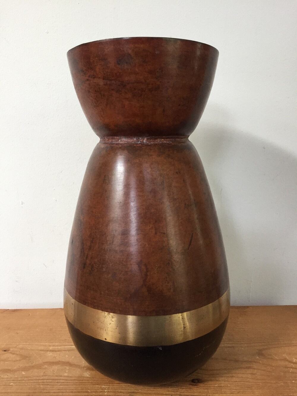 Vtg Style Metal Faux Wood Brass Black Spittoon Shaped Urn Vase Benalex 12.25"